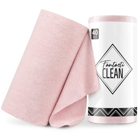 Fantasticlean Microfiber Cleaning Cloth Roll -40 Pack, Tear Away Microfiber Towels, 12" x 12", Reusable, Washable, Scratch Free, Ultra Absorbent Dish Rags for Car, Home, Garage or Shop (Pink)