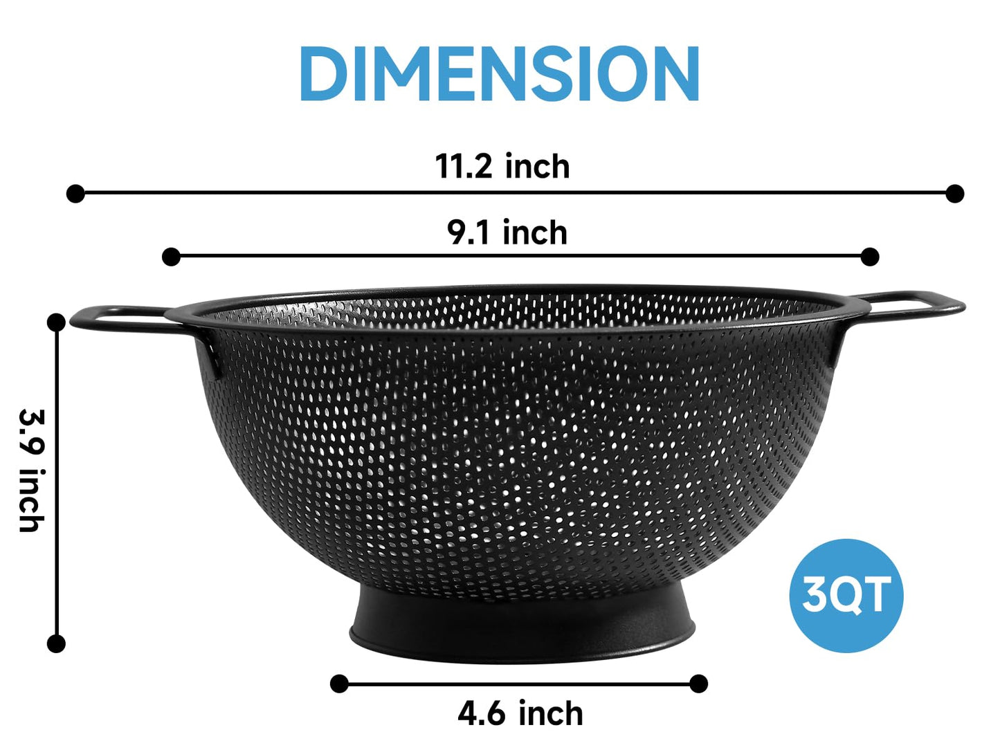 Black Colander for Kitchen, 3QT, Stainless Steel Pasta Strainer with Handle, Pasta Strainer for Fruits Vegetables Cooking Food, Dishwasher Safe