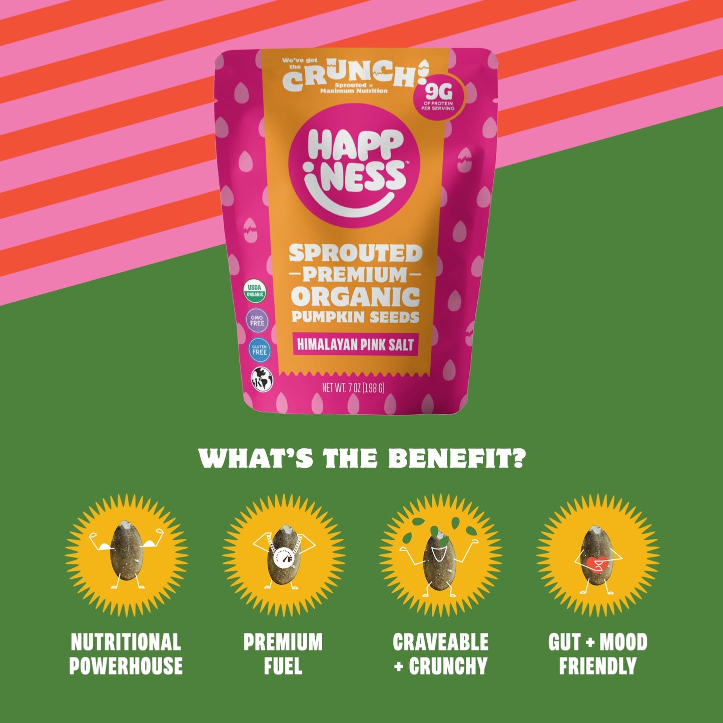 Happiness Foods™ Himalayan Pink Salt – Sprouted Organic Raw Pumpkin Seeds – High Protein, Certified USDA Organic, Non-GMO, Low Carb, Vegan, Gluten-Free Snacks – 7 oz