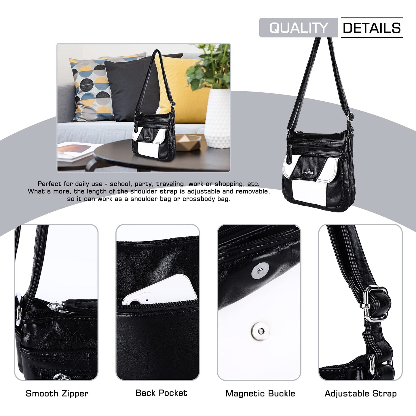 Angel Kiss Crossbody Bags for Women PU Leather Shoulder Handbag Ladies Purses and Handbag with adjustable Strap Black White