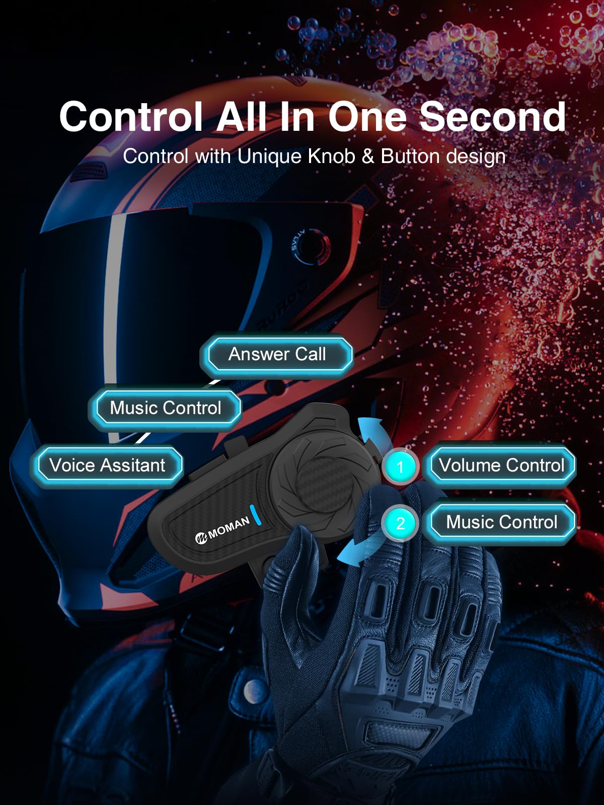 Moman Motorcycle Intercom, H2 Pro【2 Pack Carbon】 Helmet Headset Wireless Communication System to 1000M with DSP&CVC Noise Cancellation IP65 Waterproof FM, Motorcycle-Intercom-Headset-Helmet-Motobike