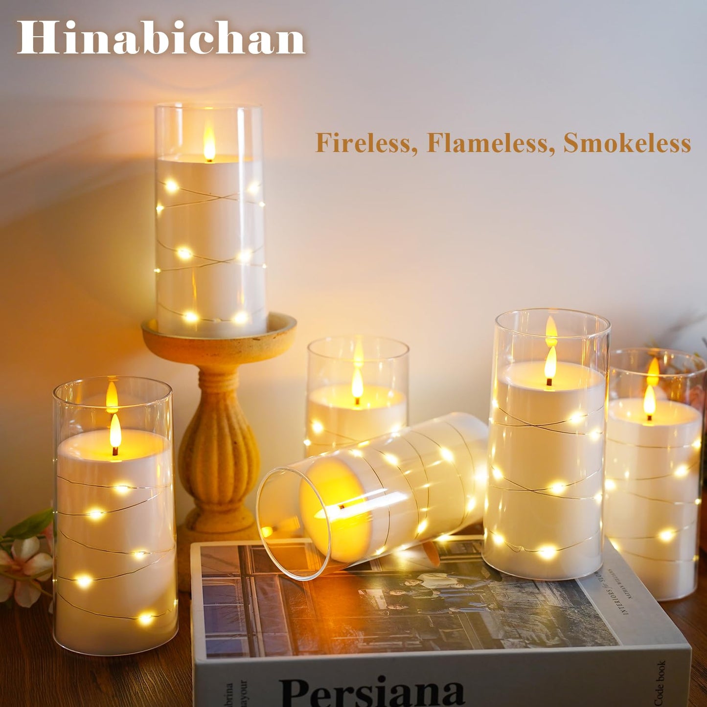 Flickering Flameless Candles with Remote Timer, 6pcs LED Battery Operated Candles with Embedded String Lights White, D3 H6