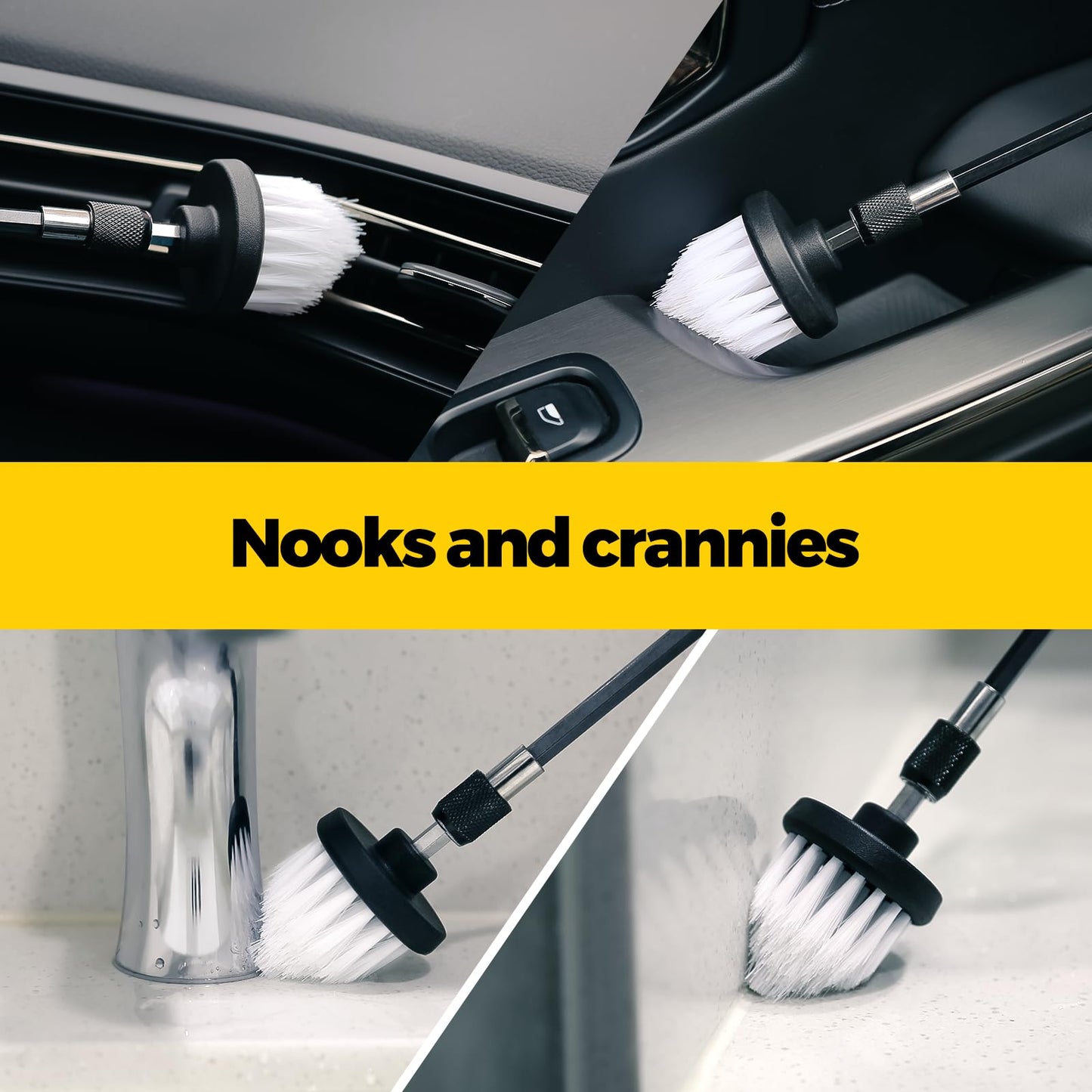 Holikme 5Pack Drill Brush Attachment Set-Car Interior Detailing Kit，Power Scrubber Brush Extended Long Attachment for Bathroom, Car，Shower，Carpet,Boat,Kitchen，Floor and Tile，White