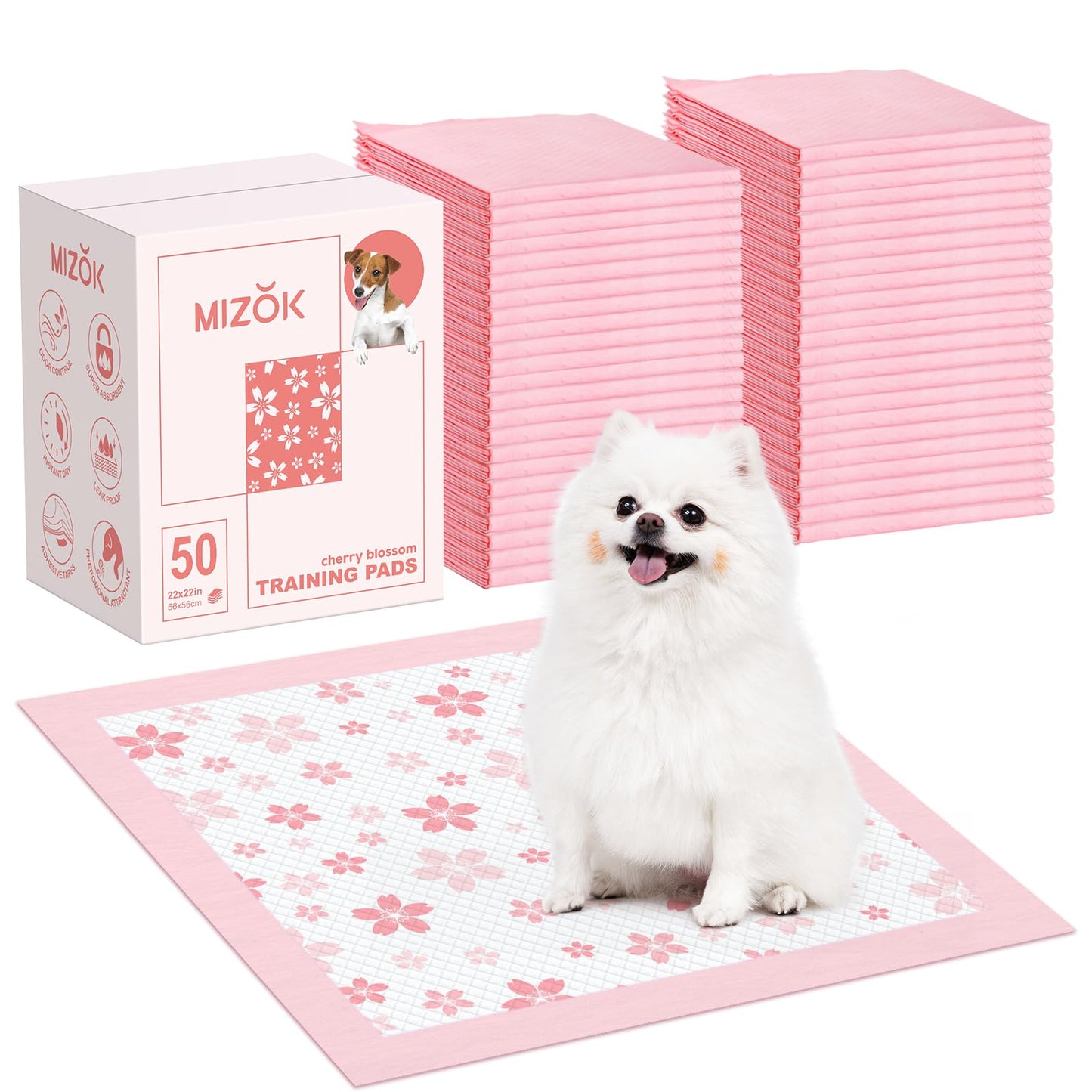 MIZOK Puppy Pads 22"x 22" with Leak-Proof Quick-Dry Design Pee Pads for Dogs Potty Training, 6-Layer Standard Absorbency Dog Pee Pads Regular Size, Pink Cherry Blossom Pattern (50 Counts)