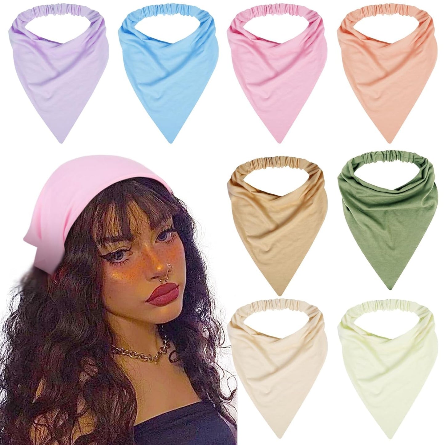 WOVOWOVO 8 Pack Large Scarf Headbands for Women, Elastic Boho Triangle Bandana Head Scarves Non Slip Cute Turban Headband Floral Printed Hair Accessories