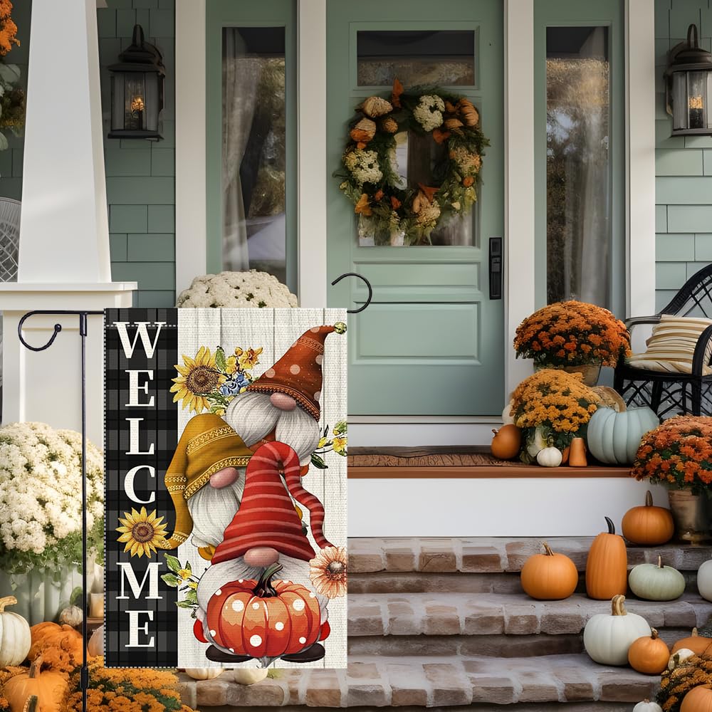 Welcome Pumpkin Fall Garden Flags Polka Dots Gnome Garden Flag Double Sided Burlap Autumn Holiday Maple Leaf Yard Outside Patio Lawn Decorations 12x18 Inch