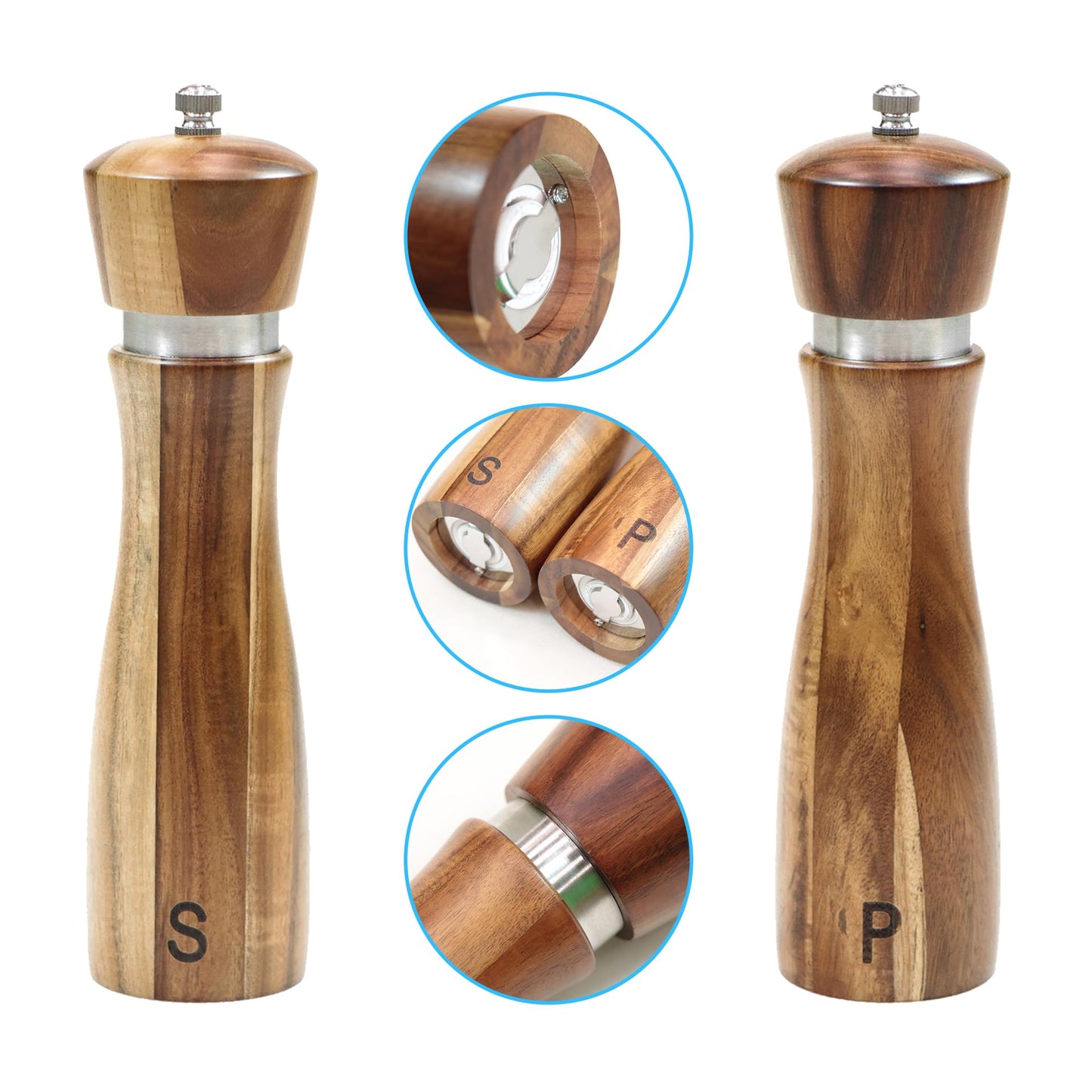 8-Inch Acacia Wood Salt and Pepper Grinders with Adjustable Ceramic Mechanism,Refillable Mills for Fine or Coarse Spices