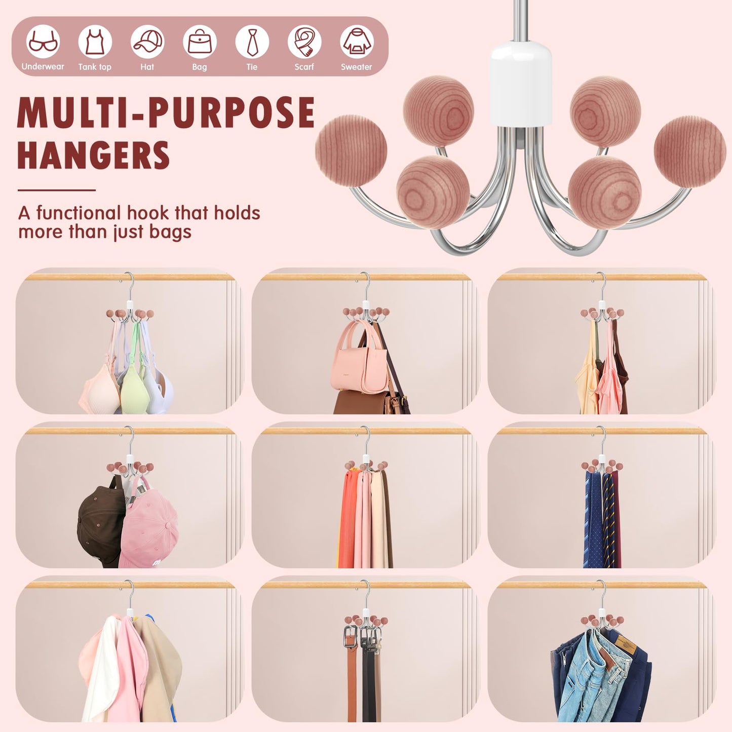 DOIOWN Purse Organizer,2 Pack Space Saving Purse Hangers for Closet,Multi Purpose Rotating Tank Top Hangers for Bags, Bras,Scarfs,Ties, Hoodies, Hat Closet Organizers and Storage