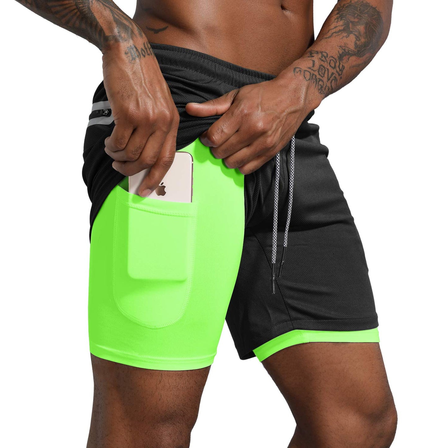 Leidowei Men's 2 in 1 Workout Running Shorts Lightweight Training Yoga Gym 7" Short with Zipper Pockets Black Fluorescent L
