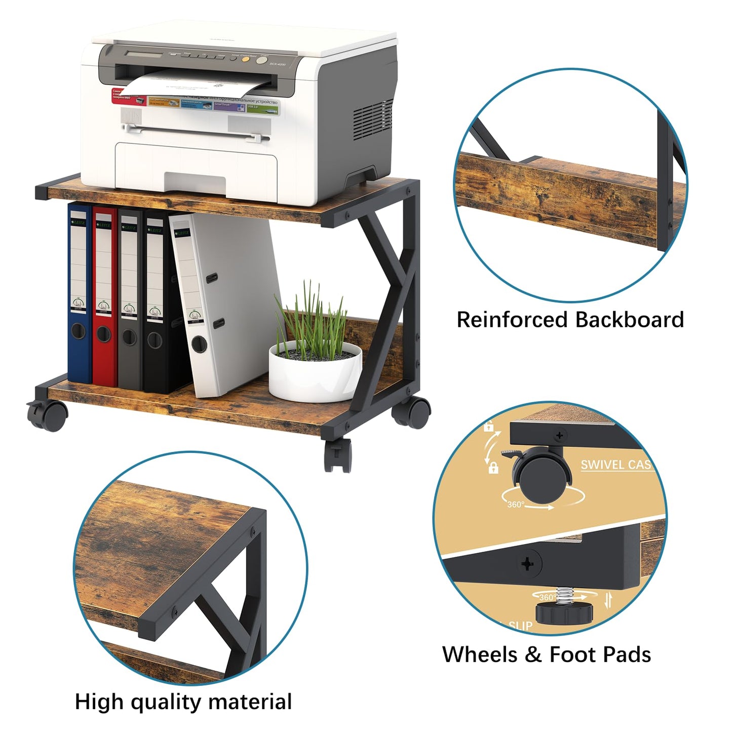 aboxoo Desktop Printer Stand with 2 Tier Wood Storage Shelves,Under Desk Printer Table,Multi-Purpose Home Office Desk Organizer for Fax Machine, Scanner (Rustic Brown)