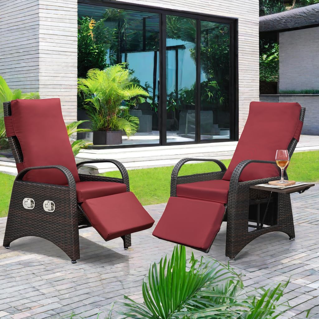 ATR ART TO REAL Outdoor Recliner Chairs, PE Wicker Reclining Lounge Chair with Removable Soft Cushion, Adjustable Outside Recliners for Patio, Porch, Poolside, Balcony, Lawn (Red, 1 PC)