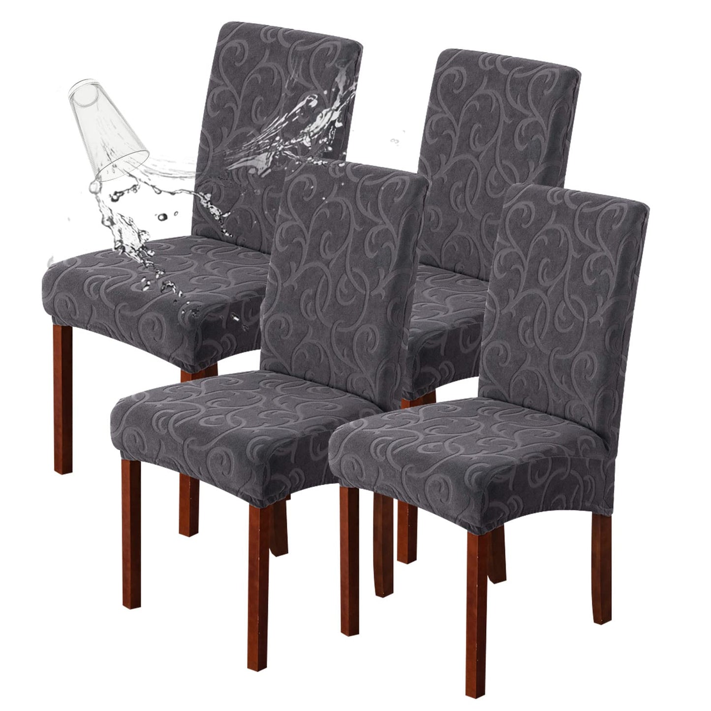 Genina Waterproof Dining Room Chair Covers Stretch Parsons Chair Slipcovers for Dining Room Kitchen Chair Protector Cover, Removable, Washable (4, Flower Pattern-Dark Gray)