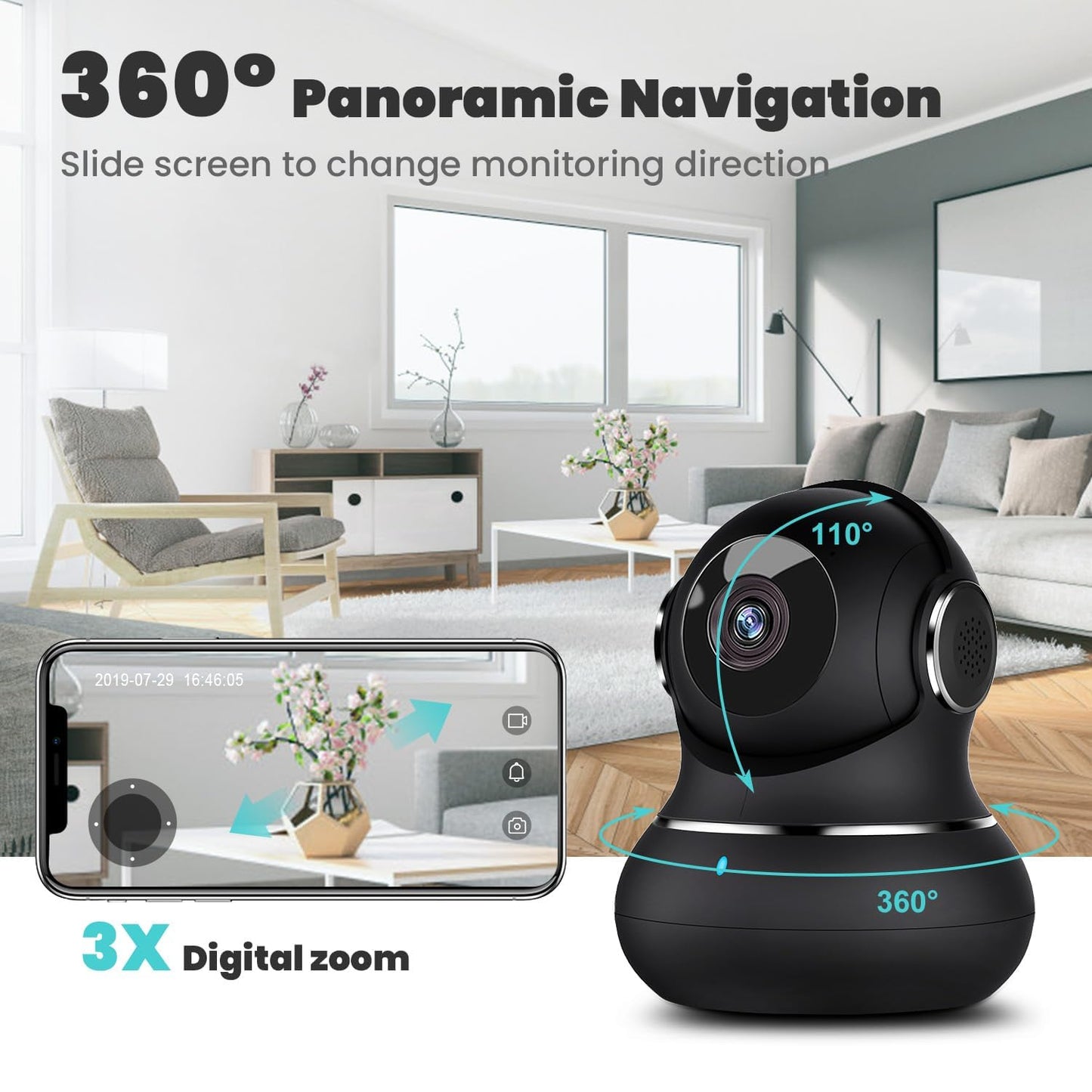 litokam 2K Indoor Security Camera, 360° Cameras for Home Security Indoor with Motion Detection, Pet Cam with Phone App, Baby Monitor-Night Vision