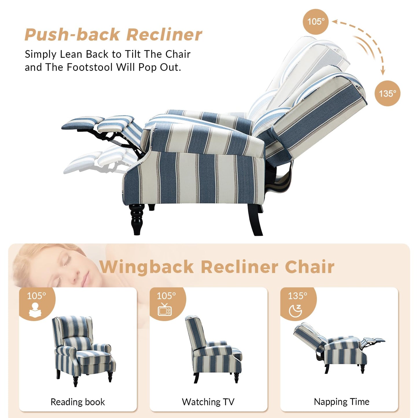 HULALA Home Upholstered Wingback Recliner Chair, Small Adjustable Footrest Push Back Single Reclining Sofa, Mid Century Modern Lounge Armchair for Living Room, Bedroom, Reading/Stripe Navy