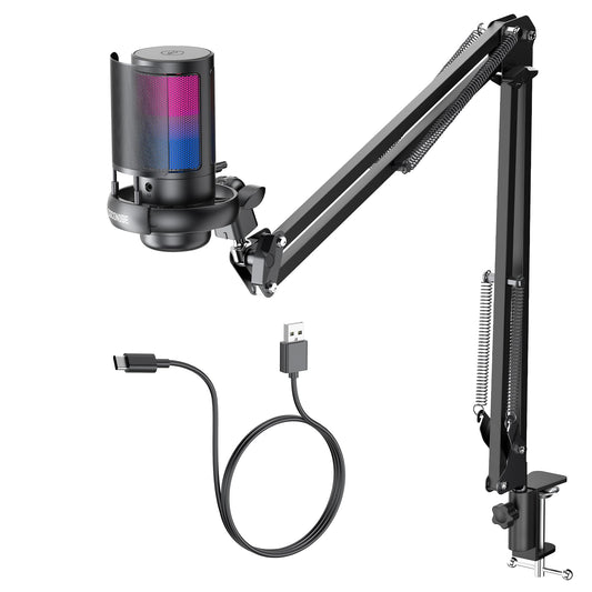 Gaming Microphone, USB PC Mic for Podcasts Videos, Streaming, Condenser Mic with Quick Mute, Tripod Stand, Pop Filter, RGB Indicator, Shock Mount, Rotate gain button, Compatible with PS4/5/PC
