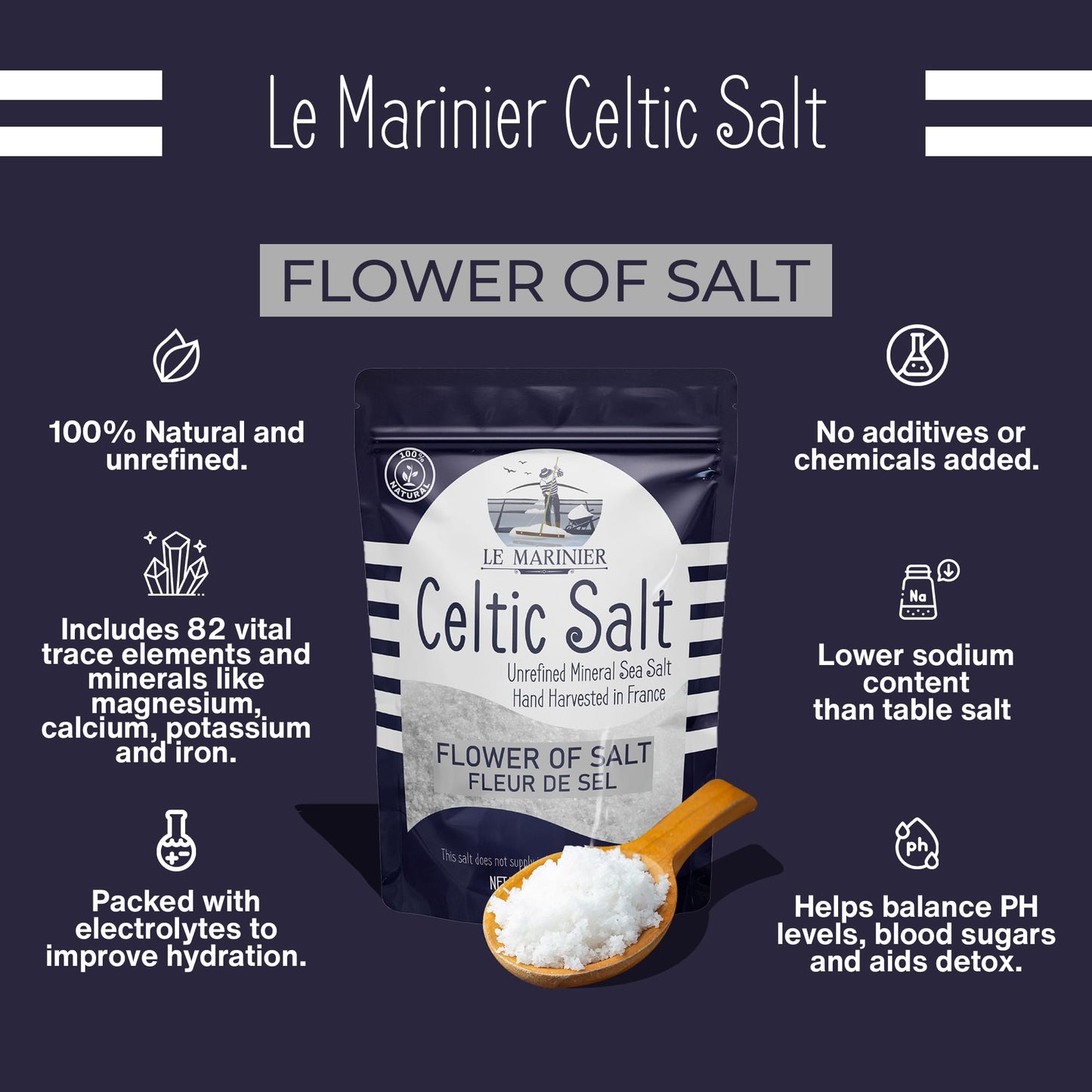 Le Marinier Fleur de Sel 0.6lb - 8.81oz. French Sea Salt- Flower of Salt. Mineral Rich, Unrefined, 100% Natural, Hand Harvested, Finishing Salt (0.6lb Fleur de Sel)