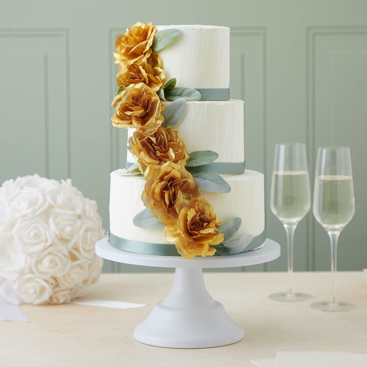 50 Pack Gold Roses Artificial Flowers Bulk, 3 Inch Stemless Fake Silk Roses for Decorations, Wedding, Faux Bouquets