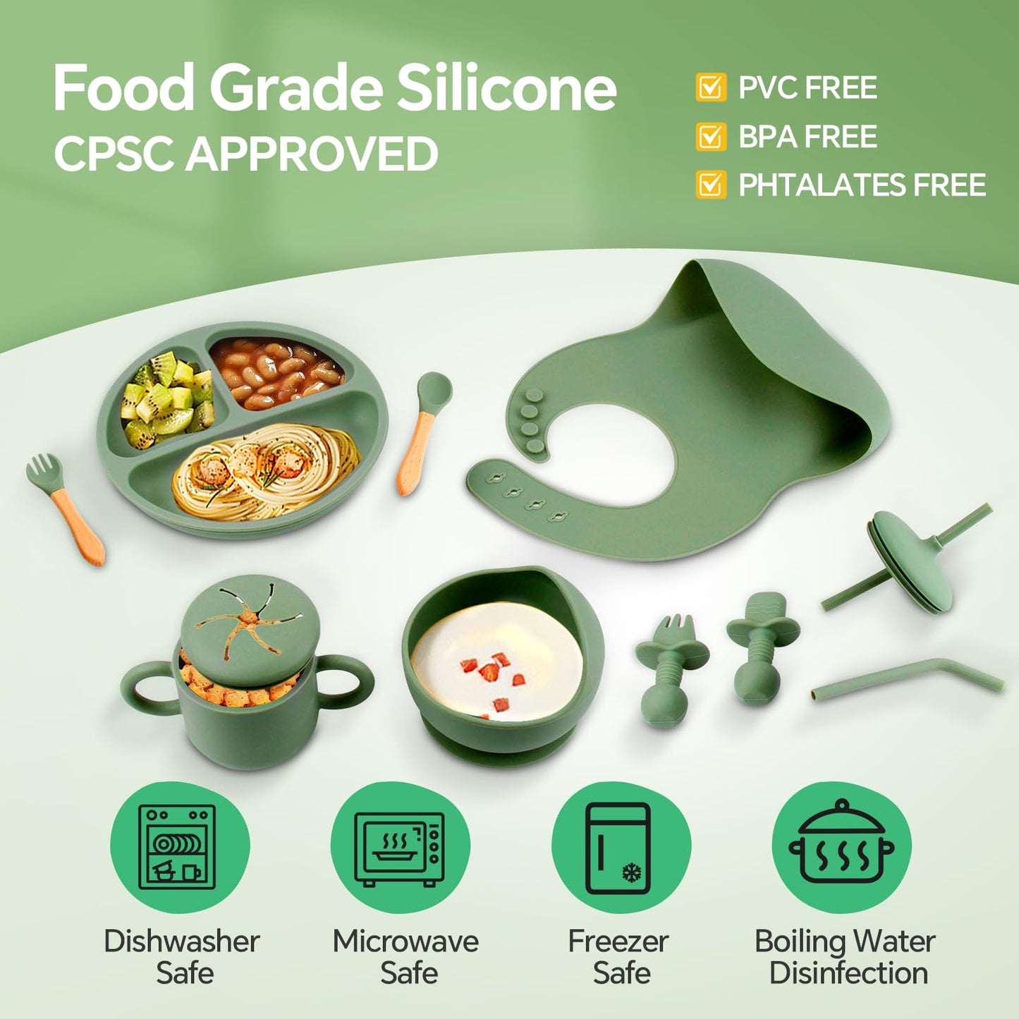 SHGMEET Silicone Baby Feeding Set, BPA Free Baby Feeding Essentials, Baby Suction Bowl, Plates, Bib, Spoons set, Baby Led Weaning Supplies to Develop Self-feeding Skills(Green, No Lid)