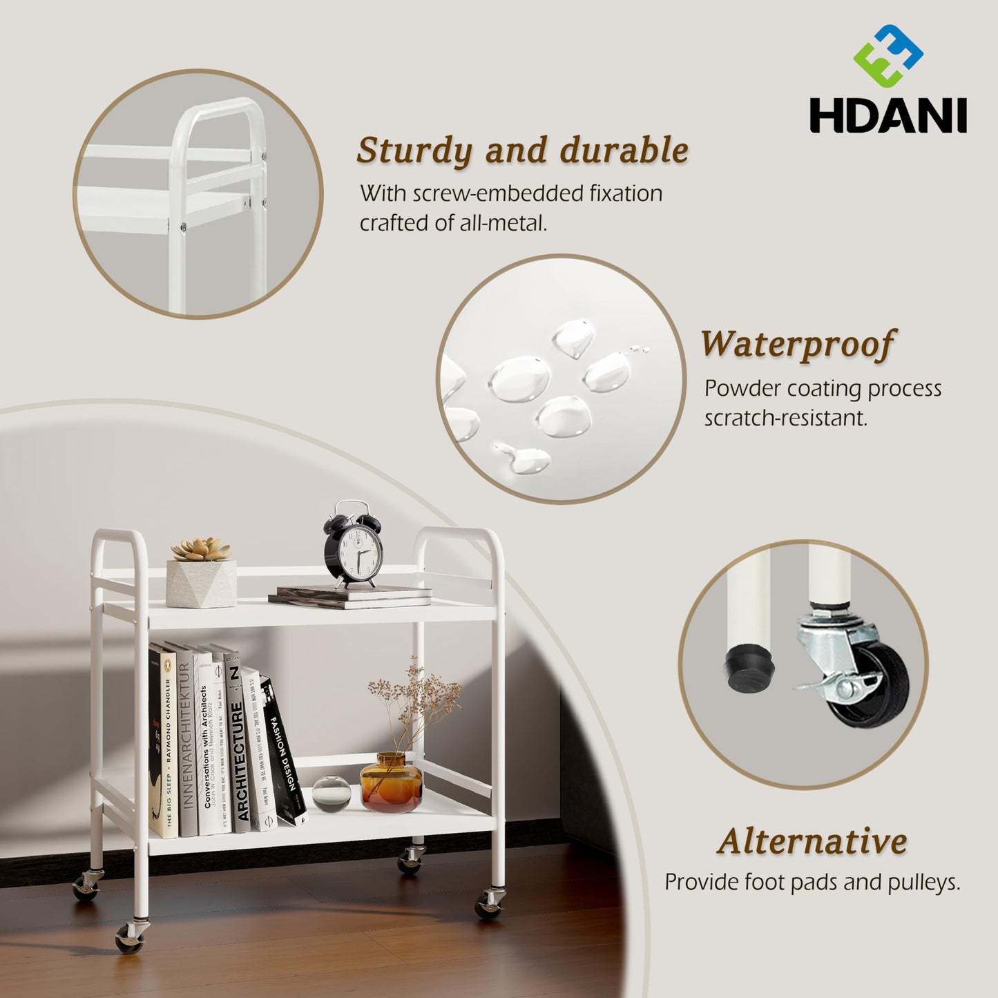 HDANI 2 Tier Under Desk Printer Stand with Storage,Microwave Storage Rack,Metal Rolling Printer Cart with Wheels for Home Office,Utility Storage Cart and Stand,White