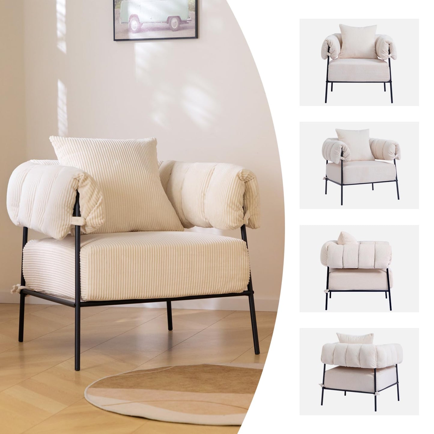 HollyHOME Modern Velvet Accent Chair, Upholstered Comfy Reading Chair, Fabric Large Lazy Arm Chair with Soft Cushion, Metal Frame Lounge Sofa Chair for Living Room, Bedroom, Balcony, Beige