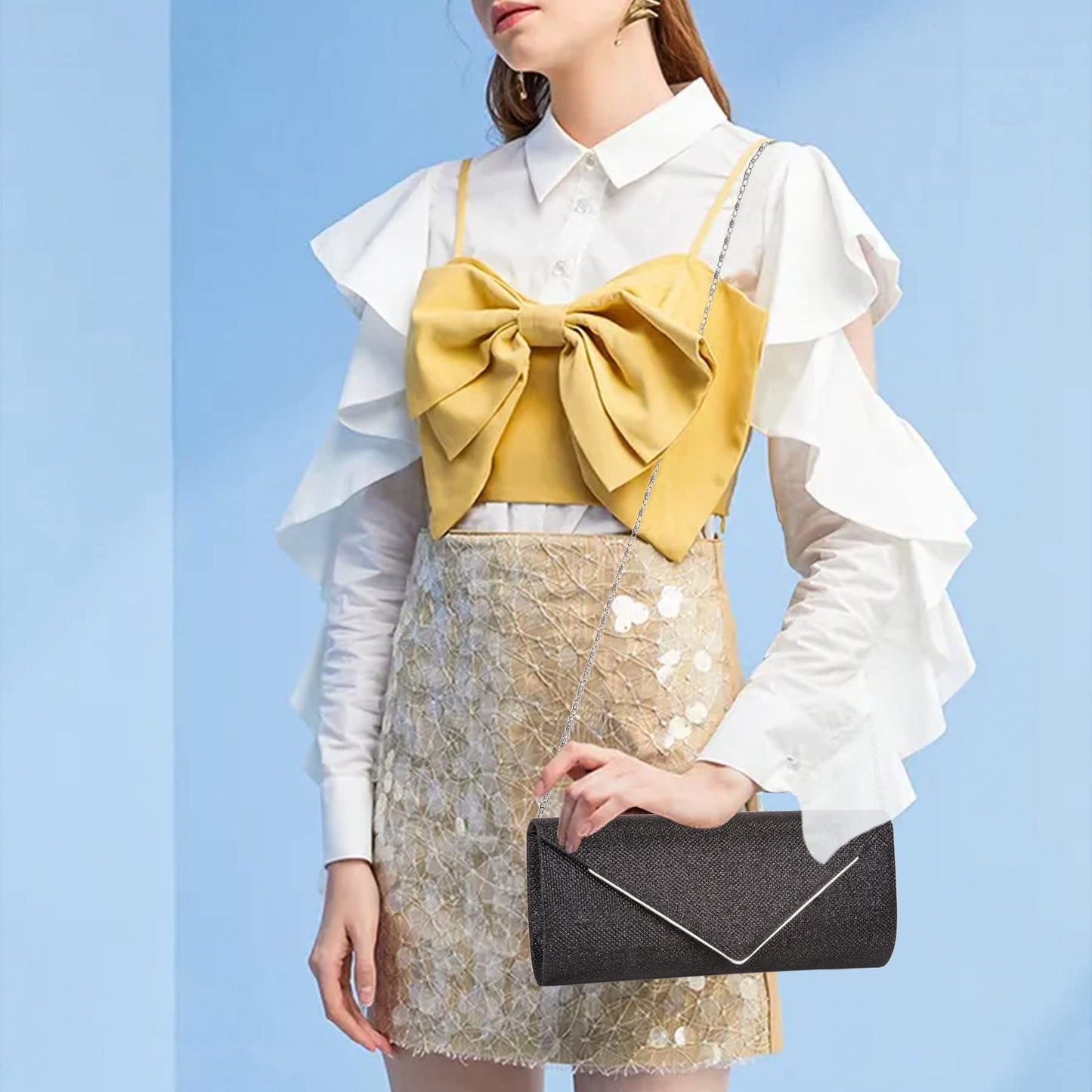 Larcenciel Clutch Purses for Women, Sparkling Envelope Evening Bag with Detachable Chain, Glitter Sequins Metal Formal Handbag Shoulder Crossbody Bag Prom Party Purse Bridal Wedding Clutch Bag(Black)