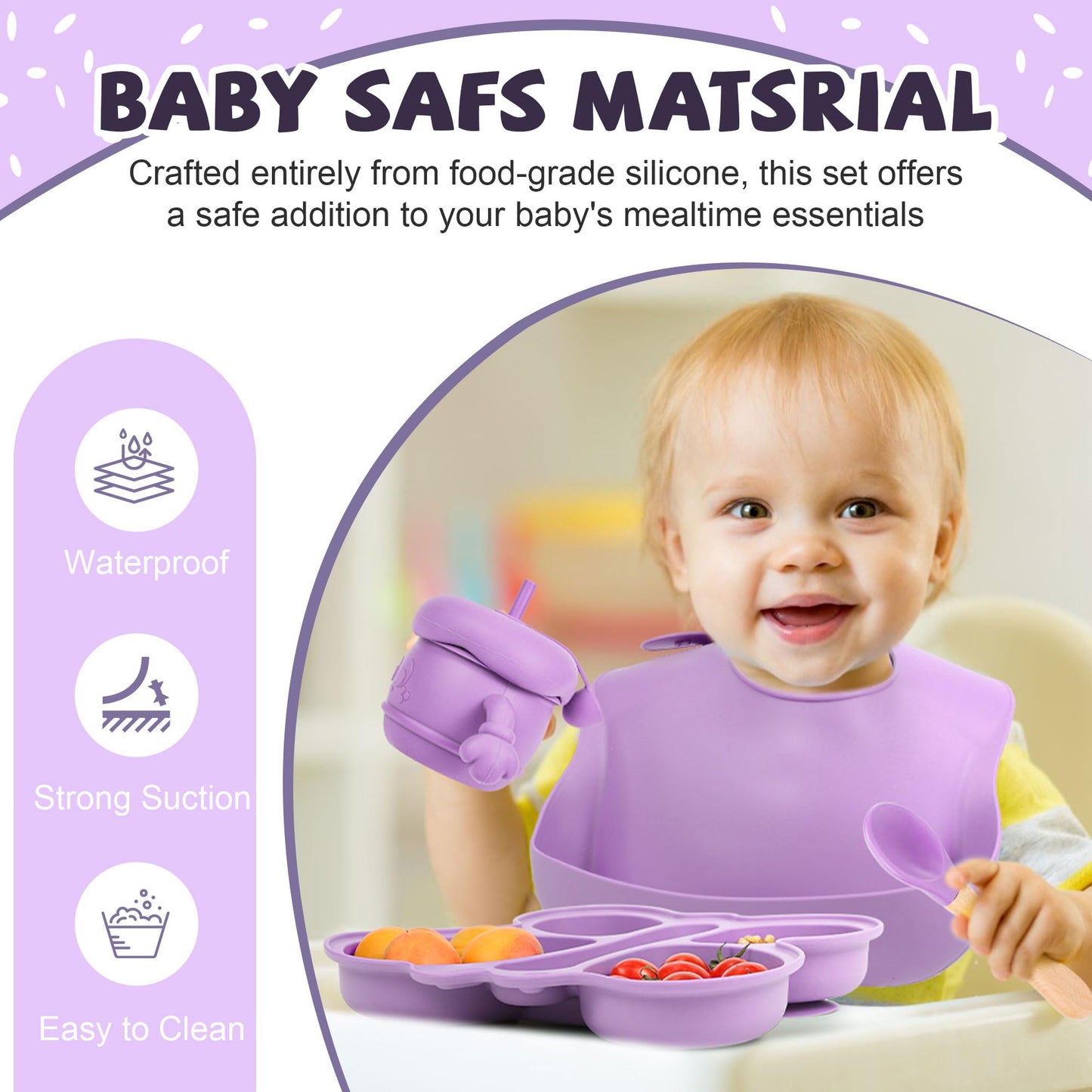 Silicone Baby Feeding Set, Baby Led Weaning Supplies, Silicone Suction Butterfly Plate, Bowl, Spoons, Fork and Waterproof Bib & Cloth Bib, Eating Utensils Baby Feeding Essentials (Purple)
