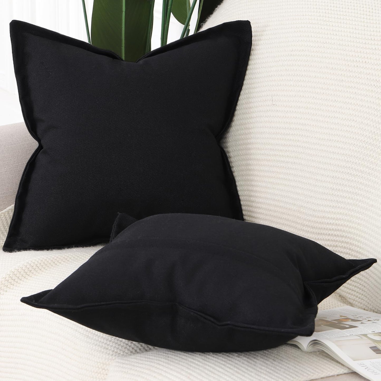 MADIZZ Set of 2 Linen Throw Pillow Covers with Broad Edge Soft Boho Decorative Pillow Cases for Sofa Bedroom Modern Pillow Shell 18x18 Inch Black