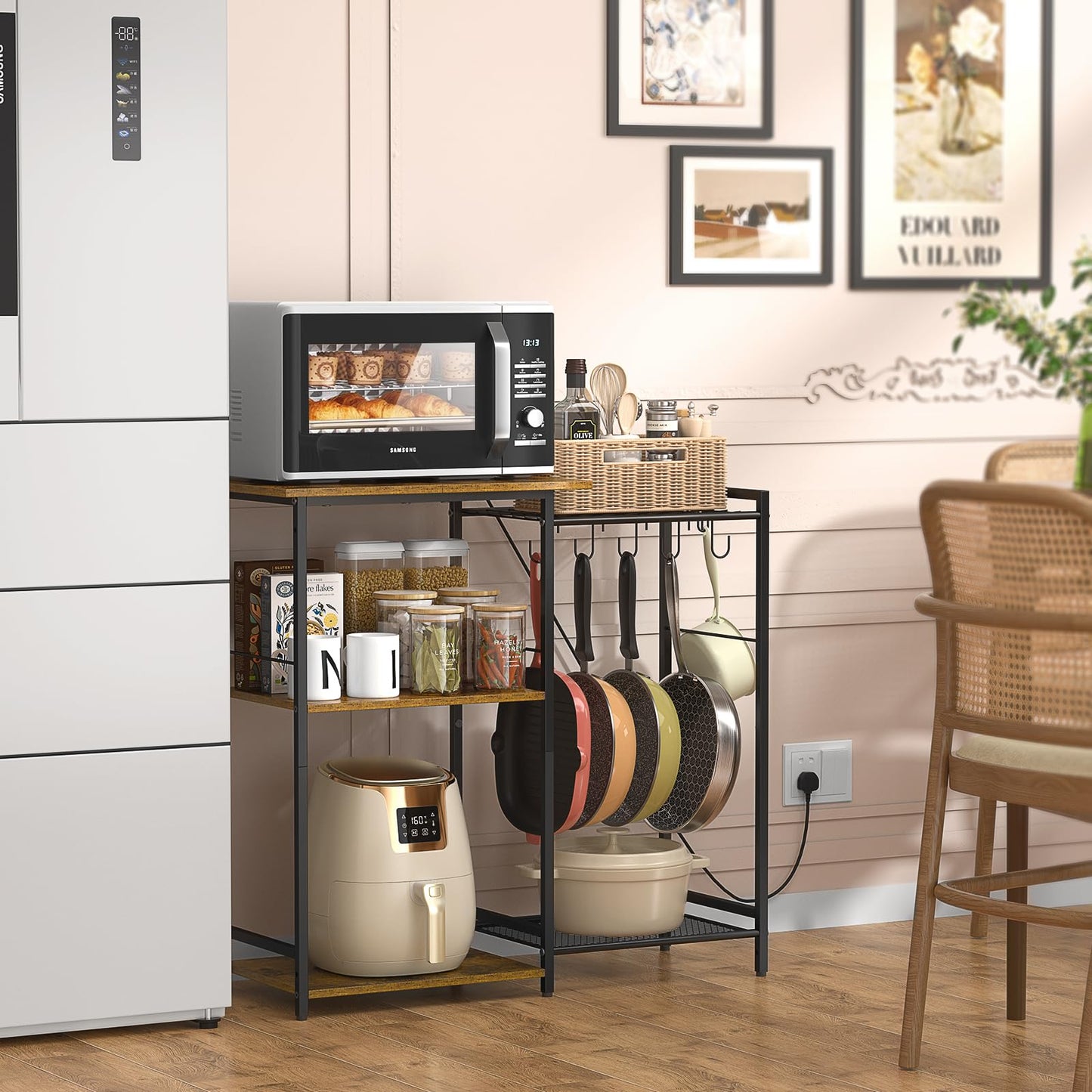 Kitchen Stand with Pots Rack, Utility Microwave Oven Stand with Storage, 5 Tiers Coffee Bar Table, Small Kitchen Bakers Rack with 6 S Hooks, Kitchen Storage Shelf Rack for Spices, Pots, Rustic Brown