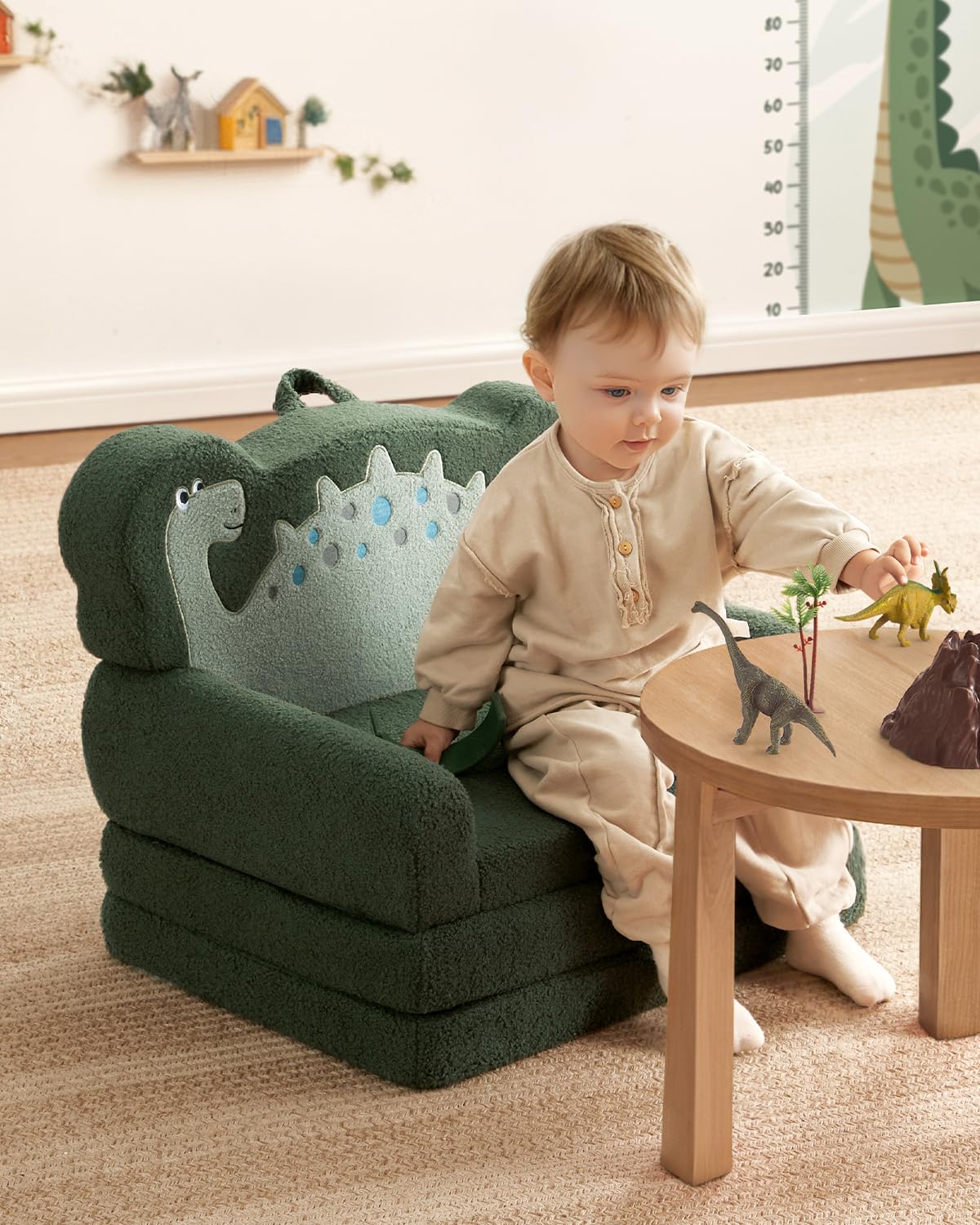 Blissful Diary Kids Couch, 2-in-1 Soft Toddler Couch Fold Out, Toddler Chair Comfy, Convertible Sofa to Lounger, Kids Furniture for Playroom, Gift for Birthday, Children's Day, Green Dinosaur