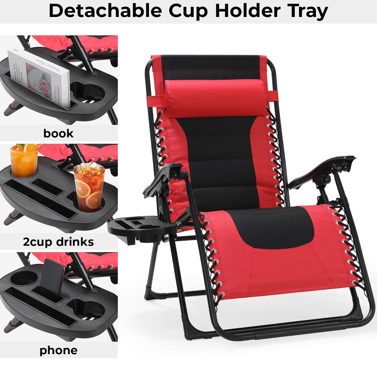 TLSUNNY Oversized Padded Zero Gravity Chair Set of 2, Folding Outdoor Patio Recliner, 24.2" Wide Seat Lounger W/Detachable Pillow & Holder Tray, Patio Furniture for Garden, 350LBS (Black/Burgundy)