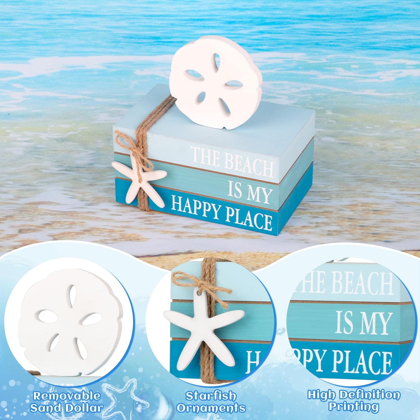 Beach Coastal Decor Stacked Books Set with Starfish & Sand Dollars Accents, Summer Tiered Tray & Blue Wooden Ocean Book Decor for Farmhouse, Beach House, Table Centerpiece