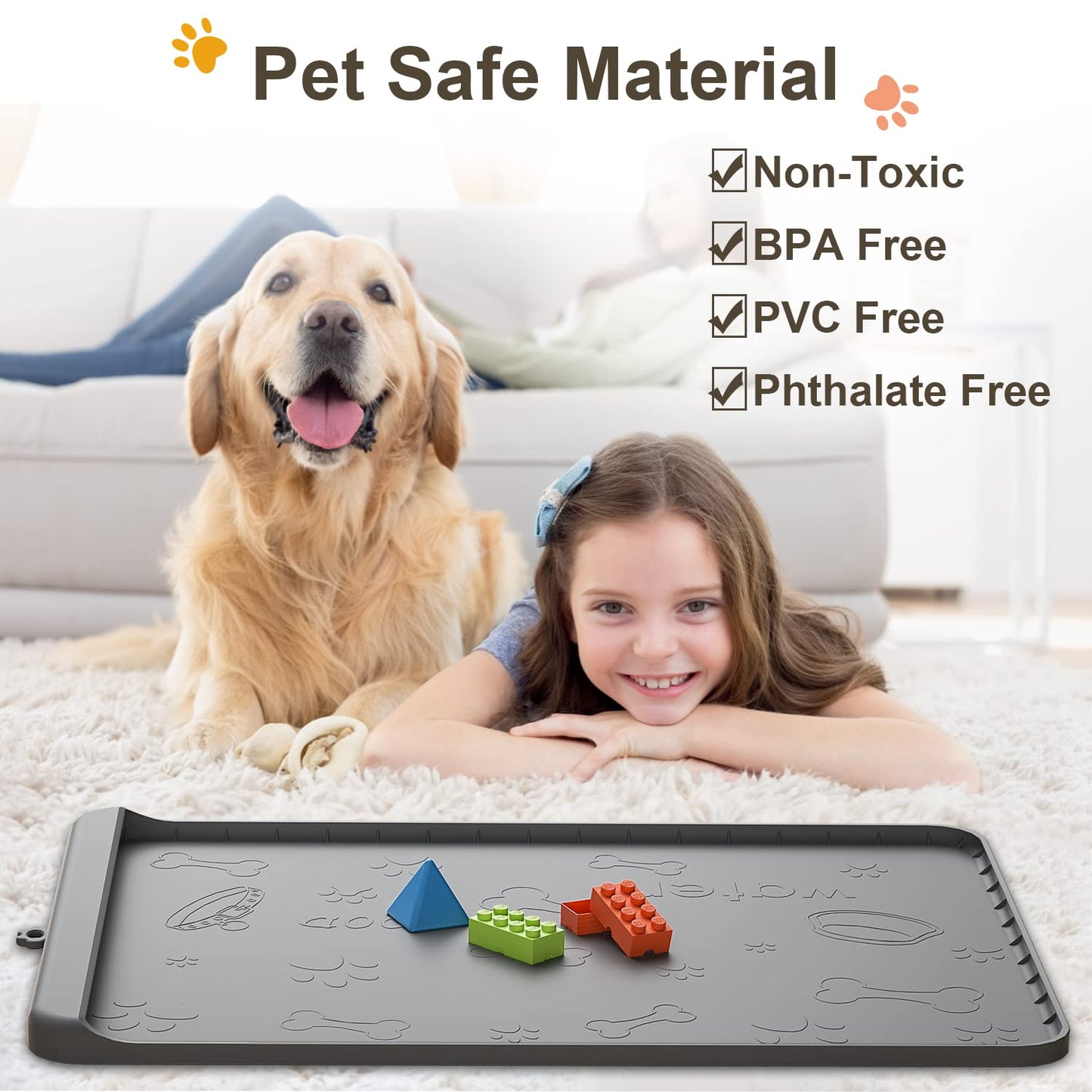 Dog Food Mat - Silicone Dog Mat for Food and Water - 36" x 24" Large Pet Feeding Mats with Residue Collection Pocket - Waterproof Dog Cat Bowl Mat with High Edges to Prevent Water Food Spills (Gray)