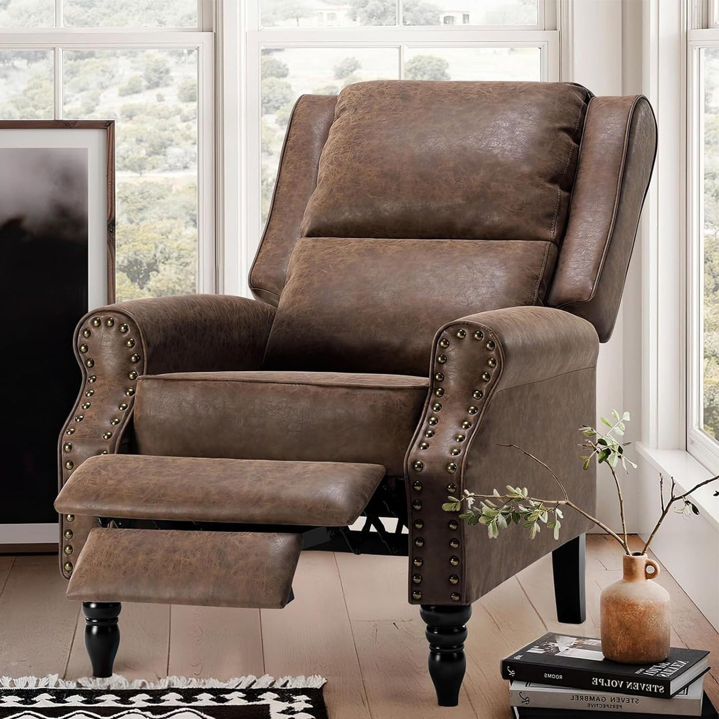 FONTOI Faux Leather Recliner Chair, Pushback Recliner Chair with Adjustable Backrest Footrest, Mid Modern Reclining Chair with Overstuffed Arms Lumbar Support for Reading, Living Room, Coffee