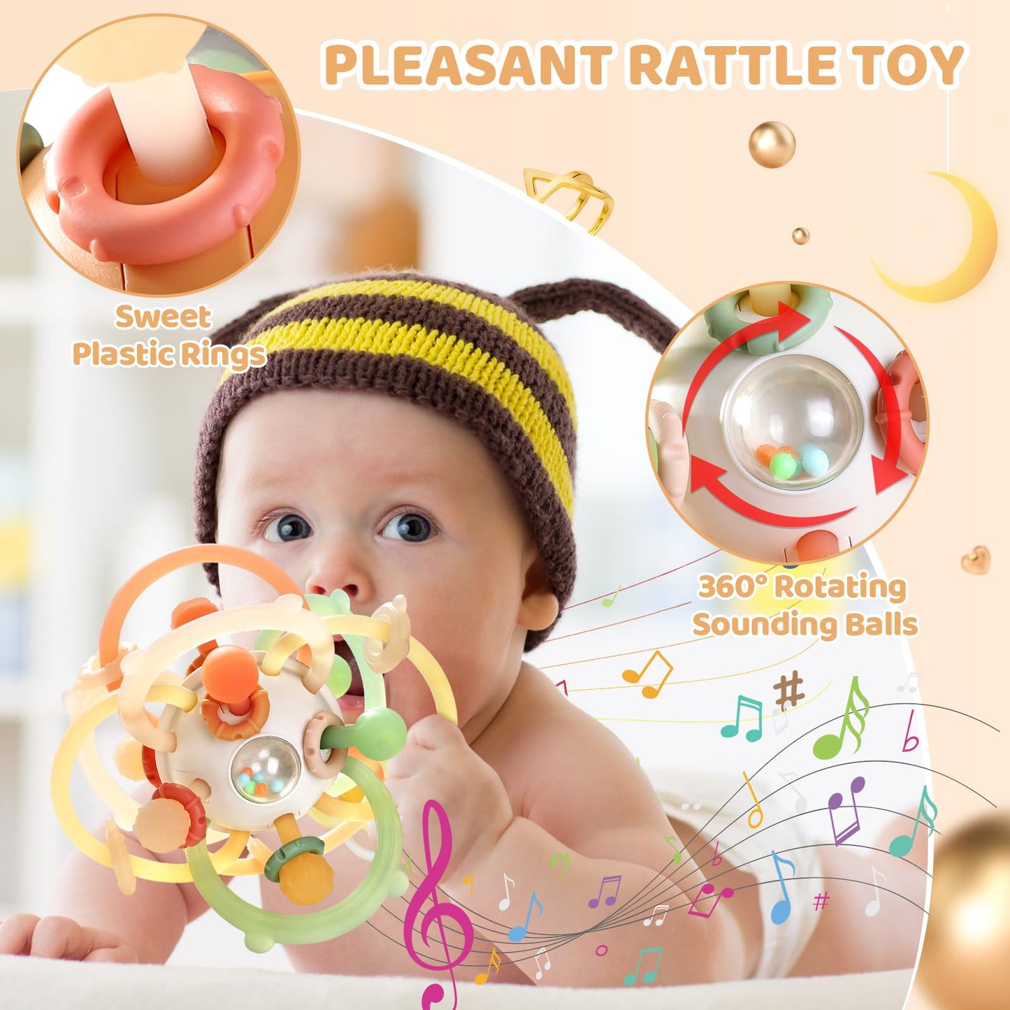 Orzbow Baby Sensory Teething Toys, Infant Montessori Teether Ball, Silicone Baby Rattle Ball Toy, Babies Chew Toys for 3-6-12-18 Months Sucking Needs, Teethers Relief, BPA Free, Brown