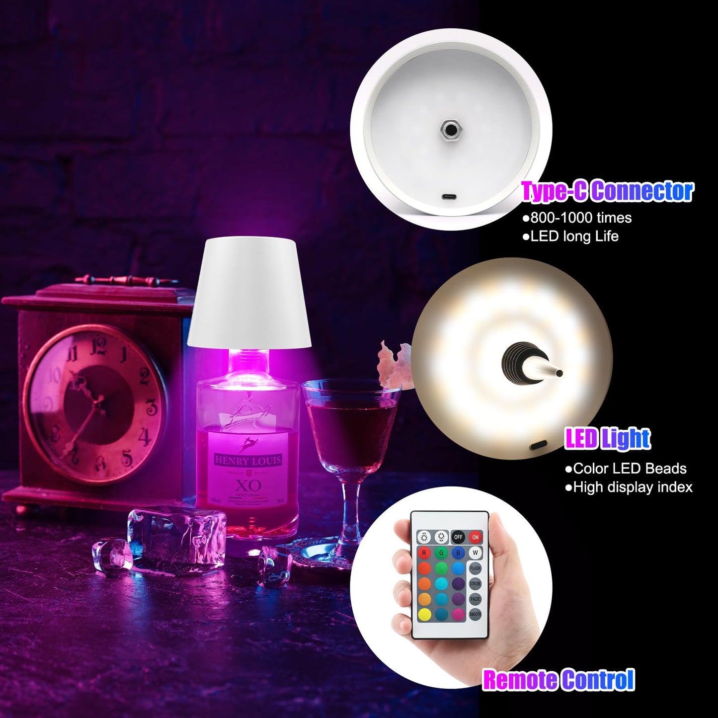 Wireless Bottle Lamp with Remote Control, Rechargeable RGB Wine Bottle with 3Modes Light Dimming, Waterproof Touch Lamp Head for Room, Bar, Restaurant and Party Decorations(RGB White)