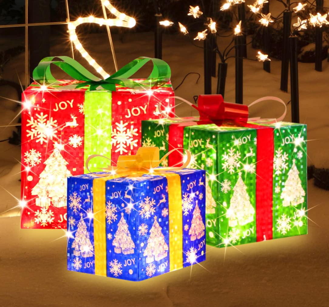 JUSTPRO [Large 8.5x7x6 Inches] 3 Piece Lighted Gift Boxes Christmas Decorations with 70 Super-Bright LED Warm White Lights with Flashers,for Indoor and Outdoor Holiday Party Christmas