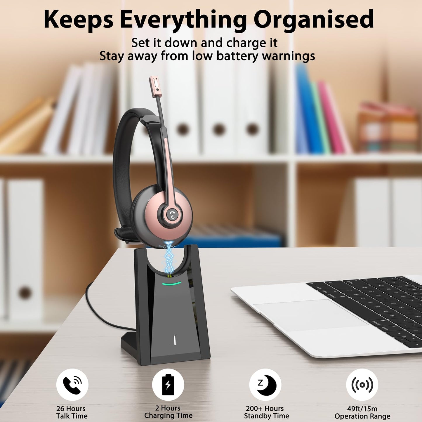 Wireless Headset with Mic for Work, Bluetooth Headset with Microphone Noise Cancelling & Mic Mute, Wireless Headphones with USB Dongle & Charging Base for Work/ Home/Computer/Call Center/Office/Zoom