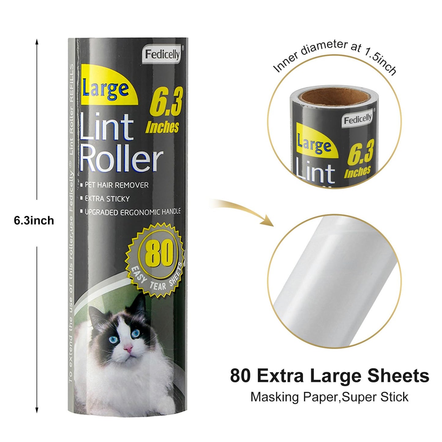 Fedicelly Lint Rollers Pet Hair Extra Sticky Furniture,Cat Dog Hair Remover Laundry Clothes Carpet, 6.3 inches Wider with 320 Sheets Large Lint Remover Brush for Couch