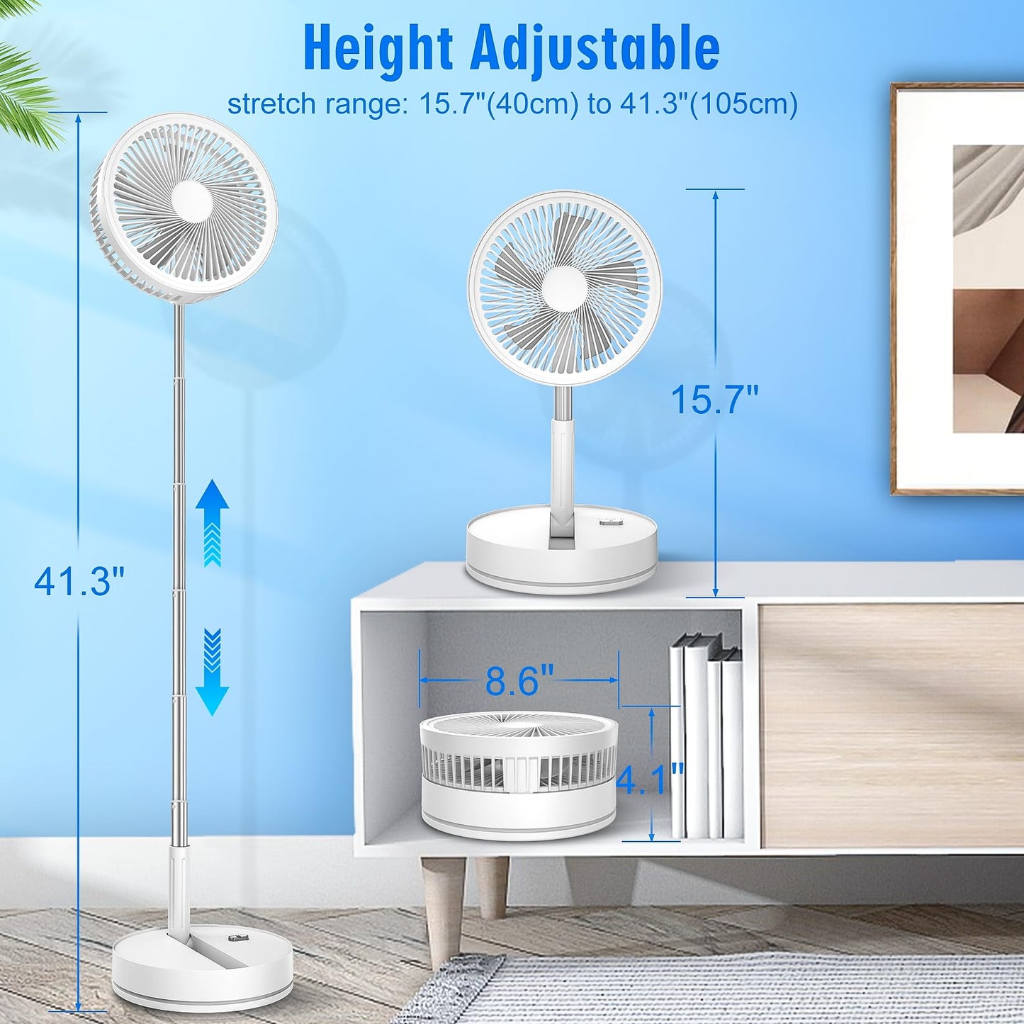 LIPETY Portable Foldable Rechargeable Oscillating Fan - 9" 7200mah Battery Operated USB C Small Fan Remote, Quiet Table Desk Fan Folding Standing Pedestal Fans for Bedroom Rome Office Camping Travel