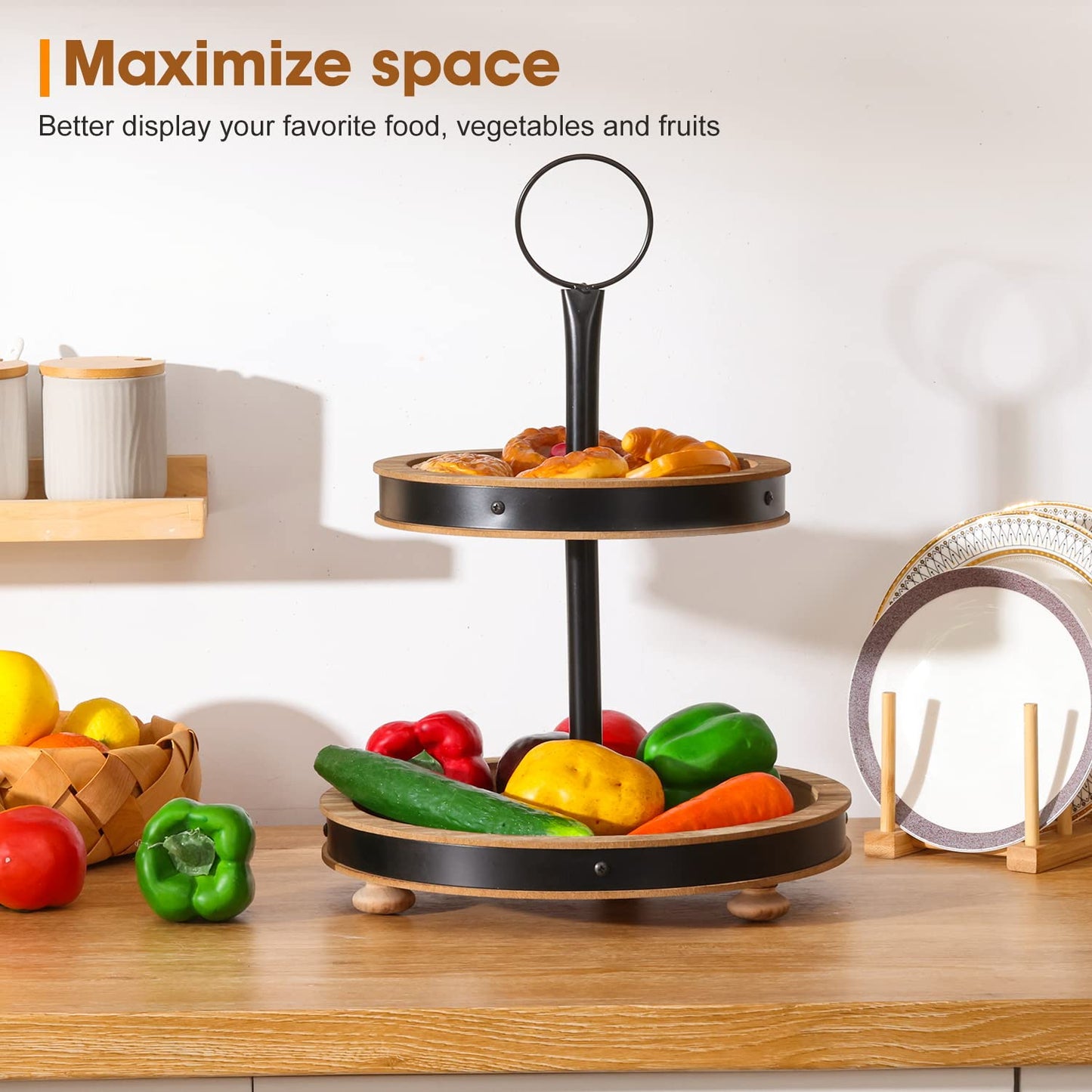 Urban Deco Wood Tiered Tray - 2-Tiered Farmhouse Serving Tray with Metal Handle for Kitchen Counter or Living Room Table