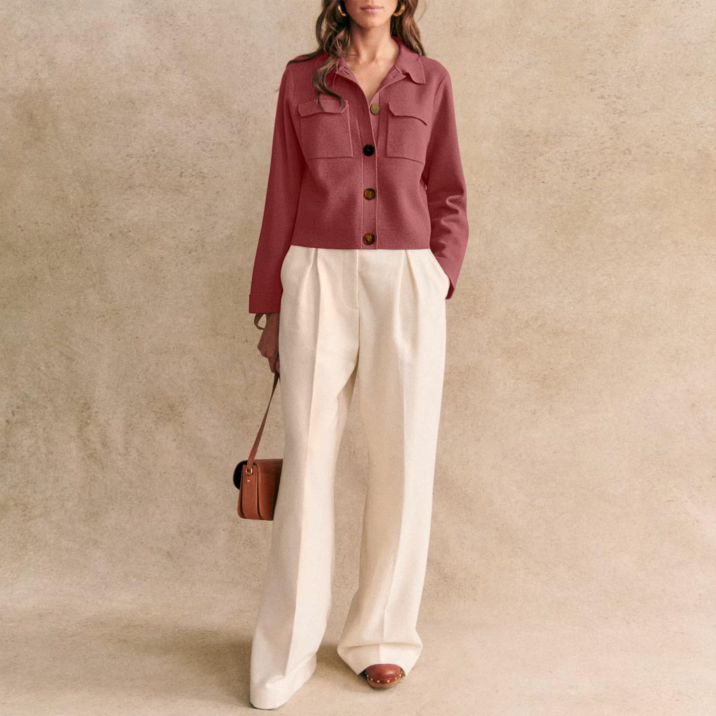 Senllen Women Cropped Cardigan Sweaters 2025 Casual Trendy Collared Button Down Open Front Long Sleeve Knit Shackets Jackets