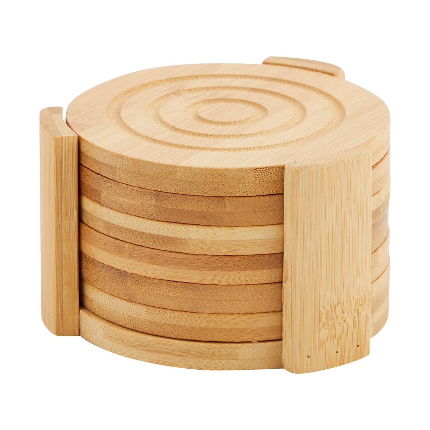 Juvale Set of 6 Bamboo Wood Coasters with Holder for Coffee Table & Beverages - 4.3-Inch Table Coasters Set - Drink Mats & Coffee Table Decor