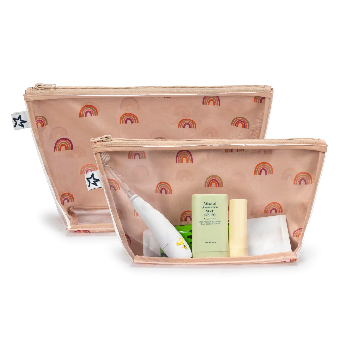 Tiny Twinkle Mess-proof Travel Bags, Airline Compliant, Zipper Closure, Clear Front Pouch, Diaper Bag Packing, Toiletry or Cosmetics Organizer 2 Pack Set (Boho Rainbow)