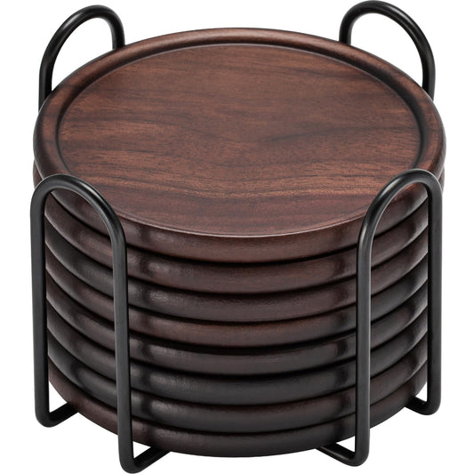 Wood Coasters with Metal Holder, GOH DODD Set of 8 Walnut Wooden Coaster Tabletop Protection for Drinks Coffee Table Home Kitchen Office Bar Living Room Decor Housewarming Gifts Wedding Party, 4 Inch