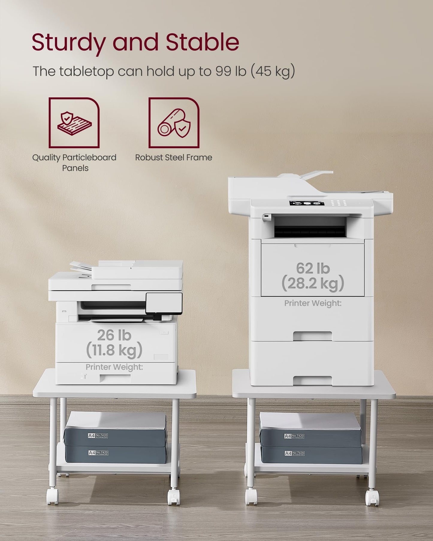 VASAGLE Printer Stand with Locking Wheels, 2-Tier Shelf, Industrial Under Desk Heavy-Duty Mobile Cart for Home Office, White UOPS002W01