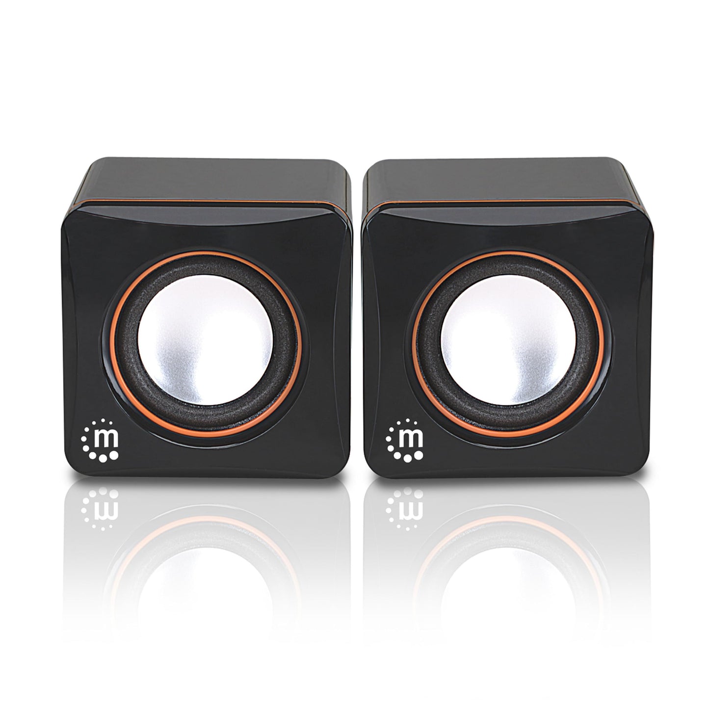 Manhattan USB Powered Stereo Speaker System - Small Size - with Volume Control & 3.5 mm Aux Audio Plug to Connect to Laptop, Notebook, Desktop, Computer - 3 Yr Mfg Warranty - Black Orange, 161435