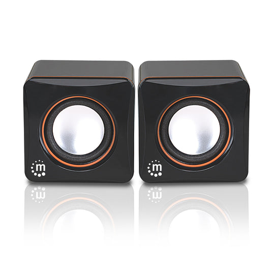 Manhattan USB Powered Stereo Speaker System - Small Size - with Volume Control & 3.5 mm Aux Audio Plug to Connect to Laptop, Notebook, Desktop, Computer - 3 Yr Mfg Warranty - Black Orange, 161435