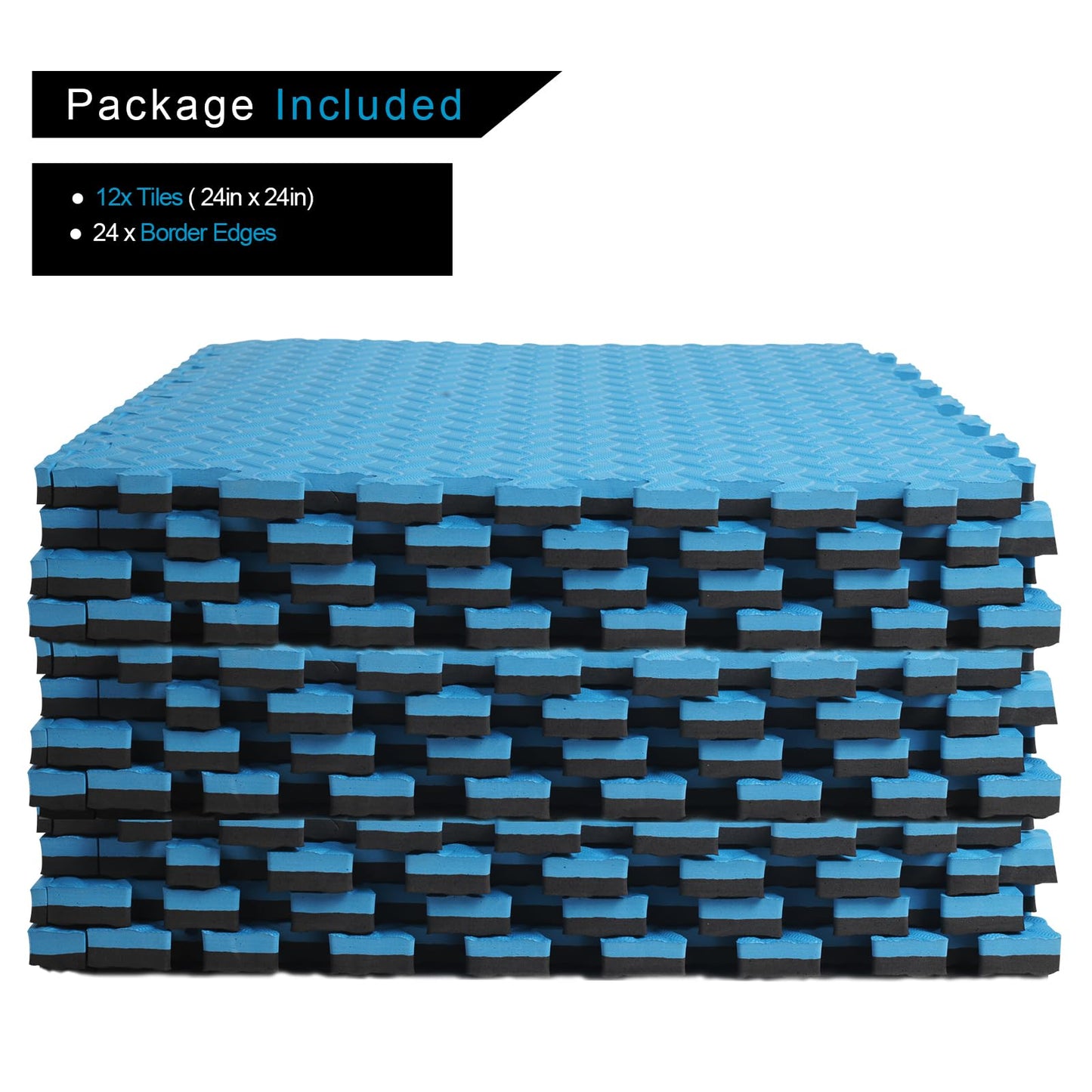 Holymus 1 in Thick 48 Sq Ft EVA Foam Exercise Gym Mats 12 Pcs - Interlocking Puzzle Floor Tiles for Home Gym Heavy Workout Equipment Flooring - 24 x 24in Tile, Black & Blue