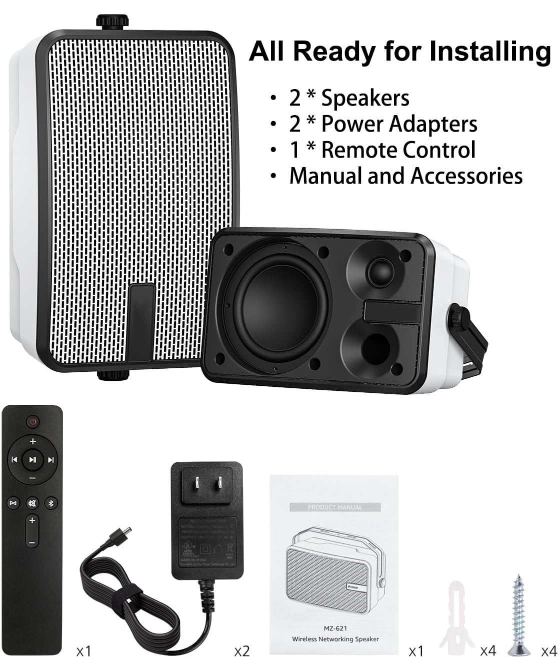 Plyee Audio 400W Outdoor Bluetooth Speakers, Wireless Sync Between Speakers, IPX5 Waterproof, Powerful Bass, Wall Mount for Patio, Porch, Gazebo, Garage, 2-Pack, White(MZ-621)