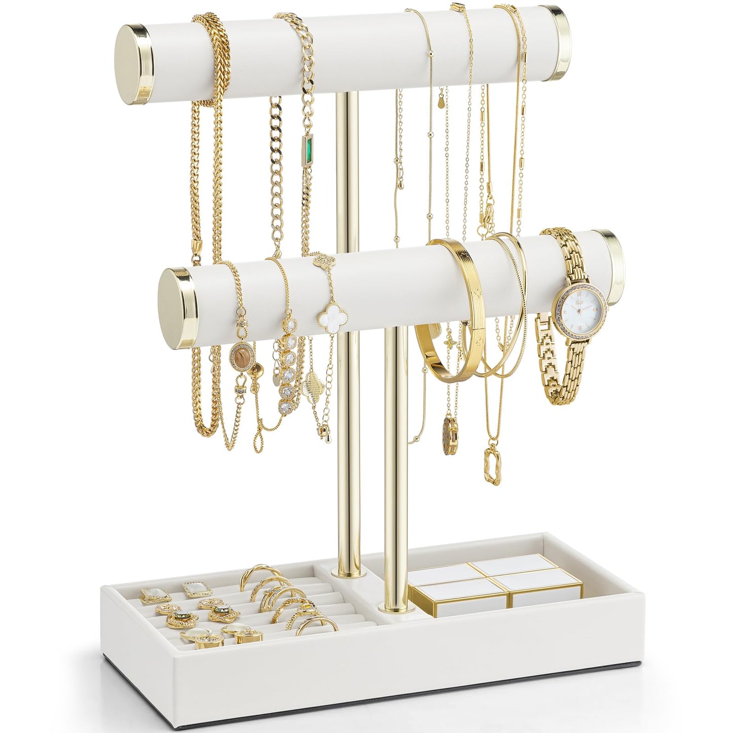Vlando 2 Tier Bracelet Holder 0rganizer with Tray - Leather Jewelry Stand Organizer for Women - Jewelry Holder Display for Necklace, Watches, Rings, Earrings, Bangle, Scrunchie - White